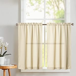 Vangao Kitchen Tier Curtains 24 inch Rod Pocket Half Window Curtain Casual Weave Textured Cafe Curtain Semi Sheer Short Curtain for Bathroom Bedroom 2 Panels W68xL24|Set Beige