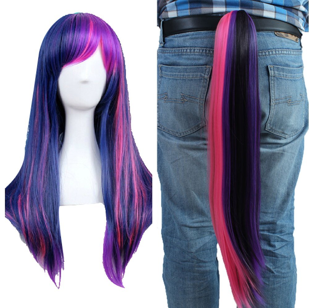 Anogol Free Cap + Purple Mix Pink Cosplay Wig with Ponytail for Cosplay Costume Party Halloween