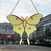 Green Luna Moth Stained Glass Window Hanging, Handmade Sun Catcher Glass Panel Wall Art Decor with Chain, Luna Moth Gifts for Women Mom Grandma, Outdoor Indoor Art Decor for Home Garden