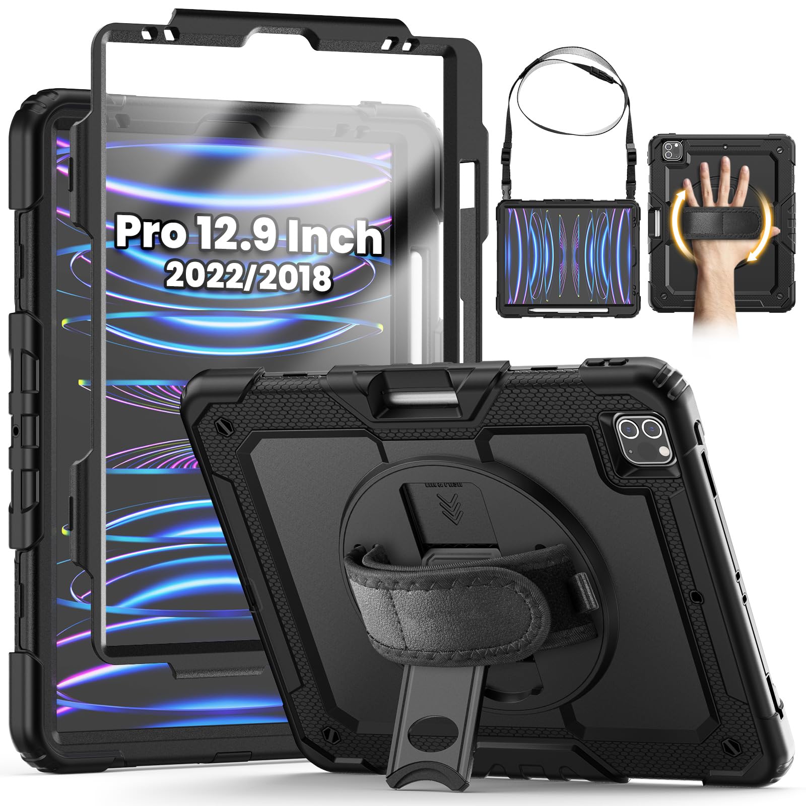 SEYMCY Case for iPad Pro 12.9 Inch 2022/2021/2020/2018 (Pro 6th/5th/4th/3rd), Full-body Shockproof with Screen Protector, 360° Rotating Hand Strap & Stand, Carrying Strap, Pencil Holder, Black
