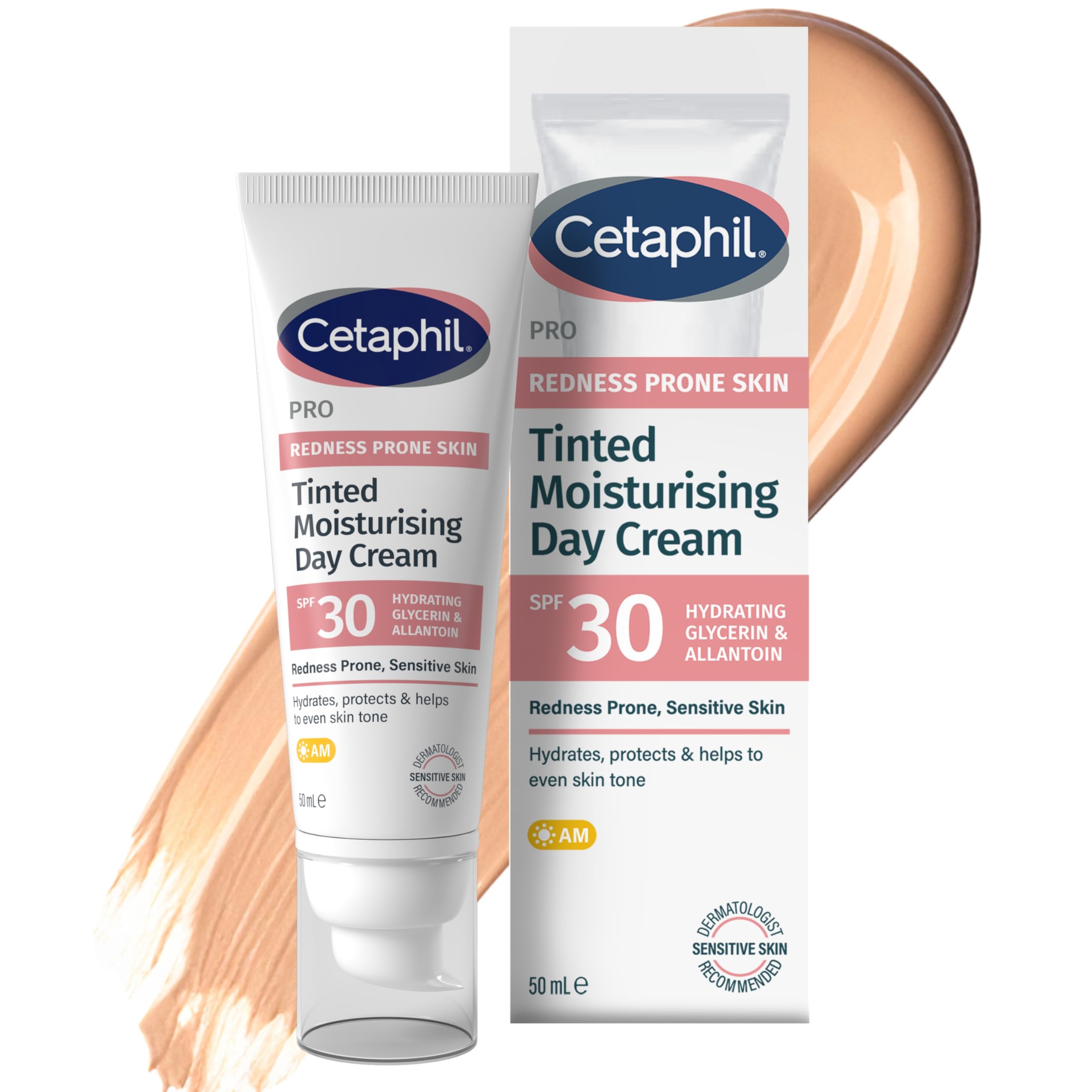 Cetaphil PRO Tinted Moisturising Day Cream SPF 30, 50ml, Face Sun Cream For Sensitive & Redness Prone Skin, Vegan Friendly