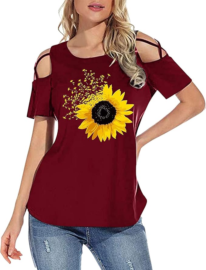 Amazon.com: Womens Cold Shoulder Tops for Women Plus Size Sunflower Print Short Sleeve Flowy 
