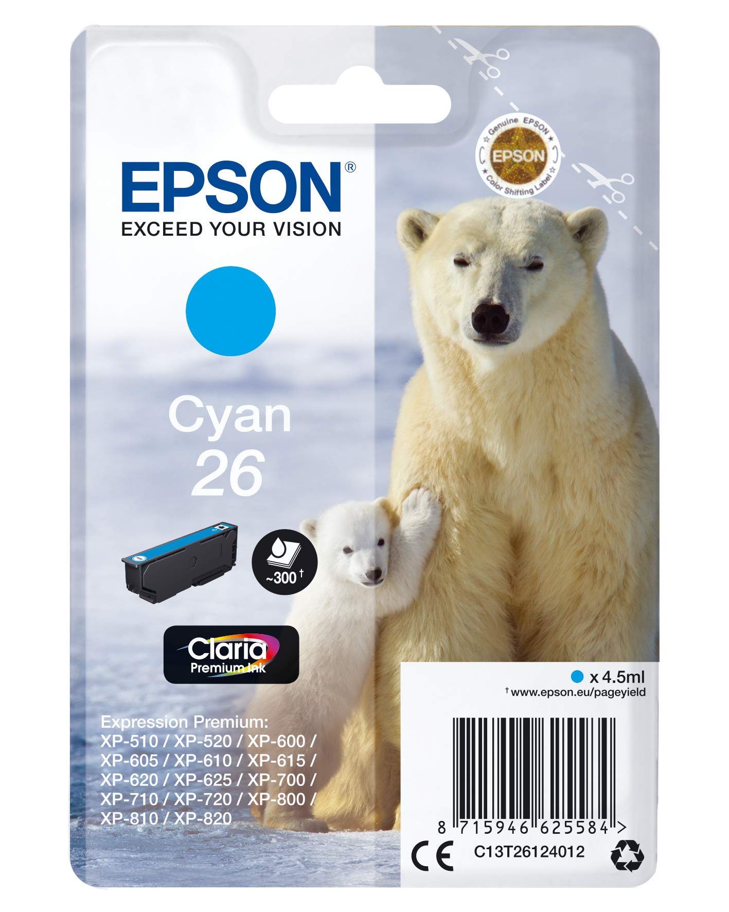 Epson 26 Polar Bear Cyan Genuine, Claria Premium Ink Cartridge