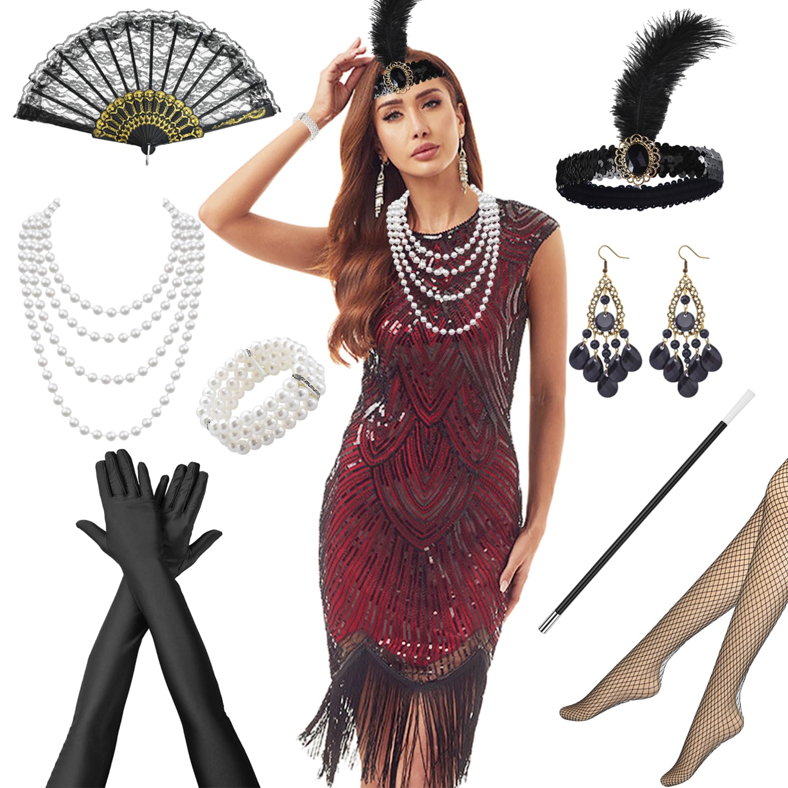Maryparty 1920s Flapper Dresses Costume Women Roaring 20s Costumes Sequin Beaded Dress Accessories Set for Carnival Parties Halloween (Style-3, XXL)
