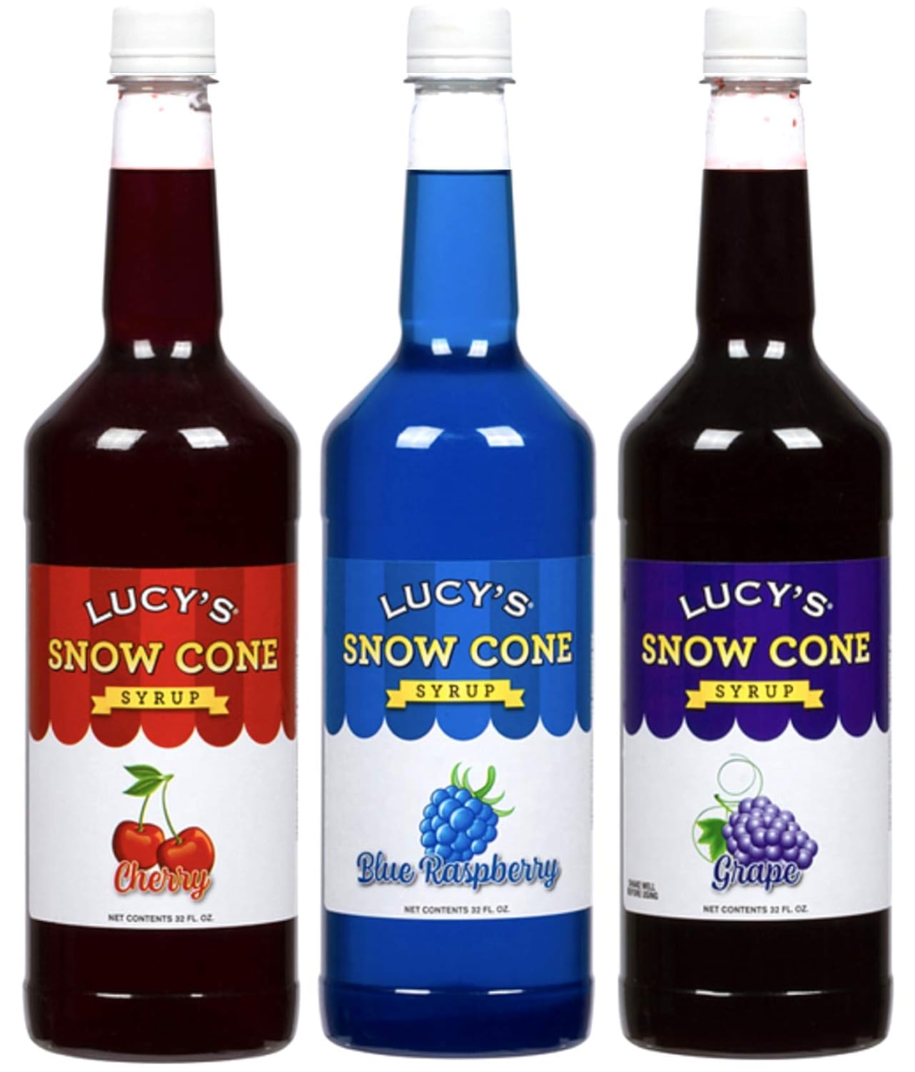 Lucy's Shaved Ice Snow Cone Syrups - Cherry, Blue Raspberry, Grape - 32oz Syrup Bottles (Pack of 3) (Classic Pack)
