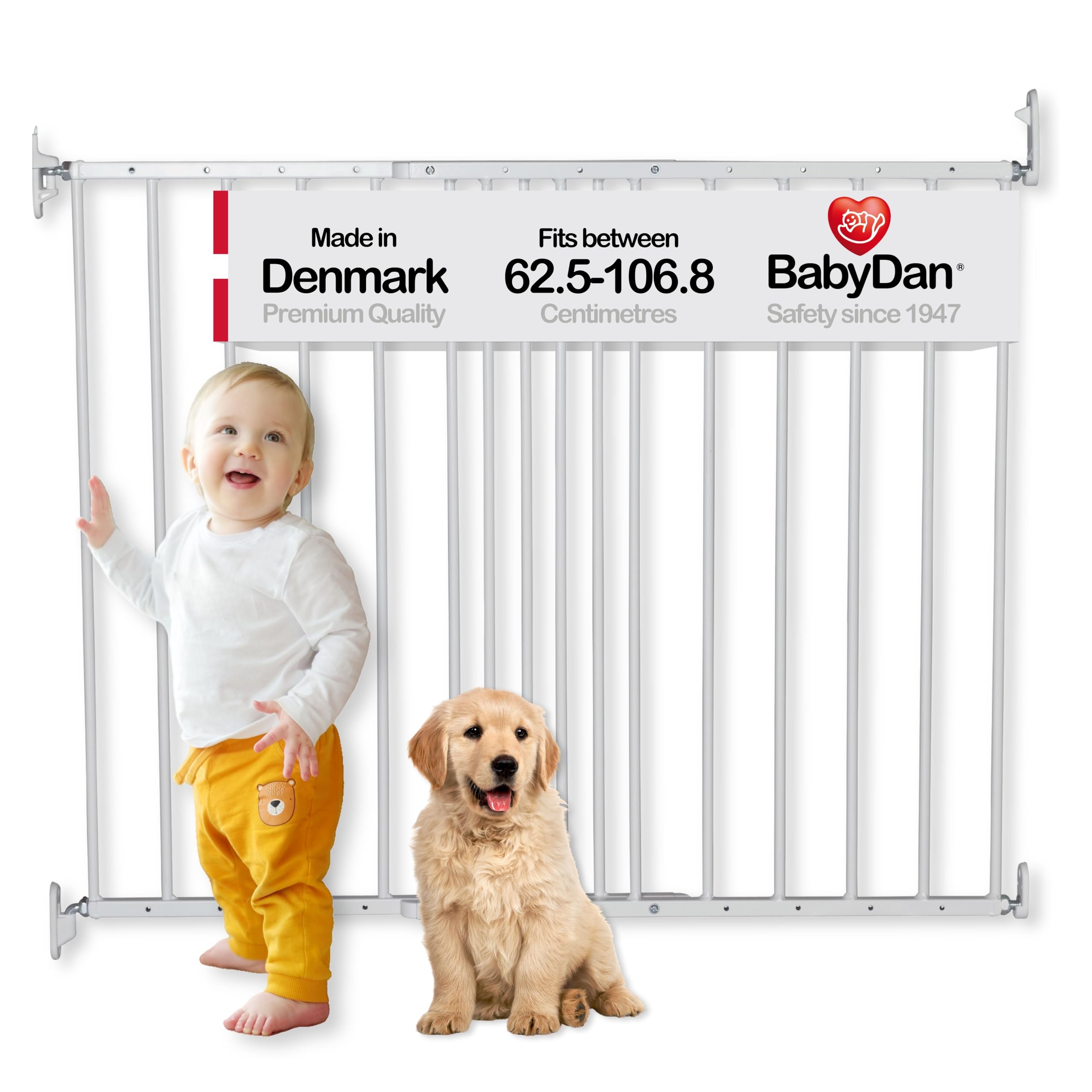 BabyDan MultiDan, 62.5-106.8 cm, Extendable Stair Gate/Baby Gate/Safety Gate, Metal, White, Made in Denmark - (Pet Gate/Dog gate)