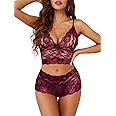 Lilosy Sexy Sheer Floral Lace Pajamas Lingerie Set High Waist Sleepwear Bra and Panty 2 Piece Nightwear