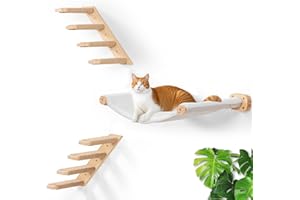 Cat Wall Hammock Set of 3, Wall Shelves with 1 Floating Fabric Hammock, 2 Cat Ladders with 4 Steps Each, Wall Mounted Bed Fur