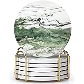 6 Pcs Green Ceramic Coasters with Holder Round Cool Drink Best Modern Absorbent Coaster Set for Coffee Table, Art Decorative Coasters, Bar, Farmhouse, Outdoor Cup Coaster Gifts