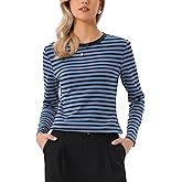 Allegra K Striped t Shirts for Women Long Sleeve Tops Crew Neck Fitted Tees Casual Trendy Outfits