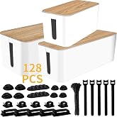 128PCS Cable Management Box 3Pack Cable Management Kit for Power Strip to Hide Wires,Cord Hider Boxes,Cord Box Safe ABS Material Wire Organizer of Cable Clips Sleeve for Home &amp; Office, White