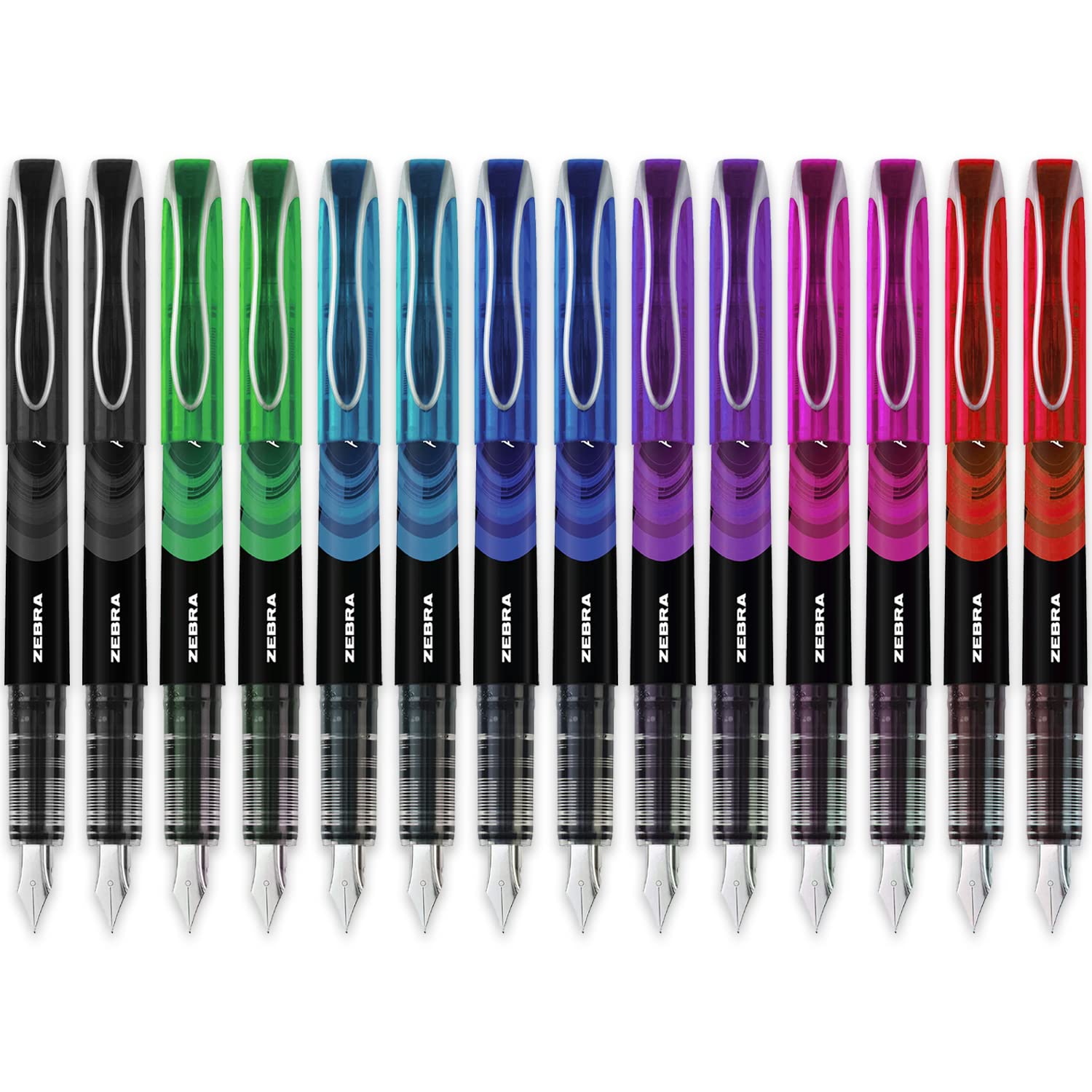 Zebra Fuente - Disposable Fountain Pen - Black, Green, Light Blue, Blue, Violet, Pink & Red Ink - 2 of Each - Pack of 14