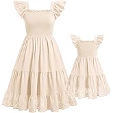 AWIBMK Mommy and Me Dress Boho Summer Casual Holiday Mother Daughter Matching Ruffle Sleeve A-line Tiered Smocked Dress