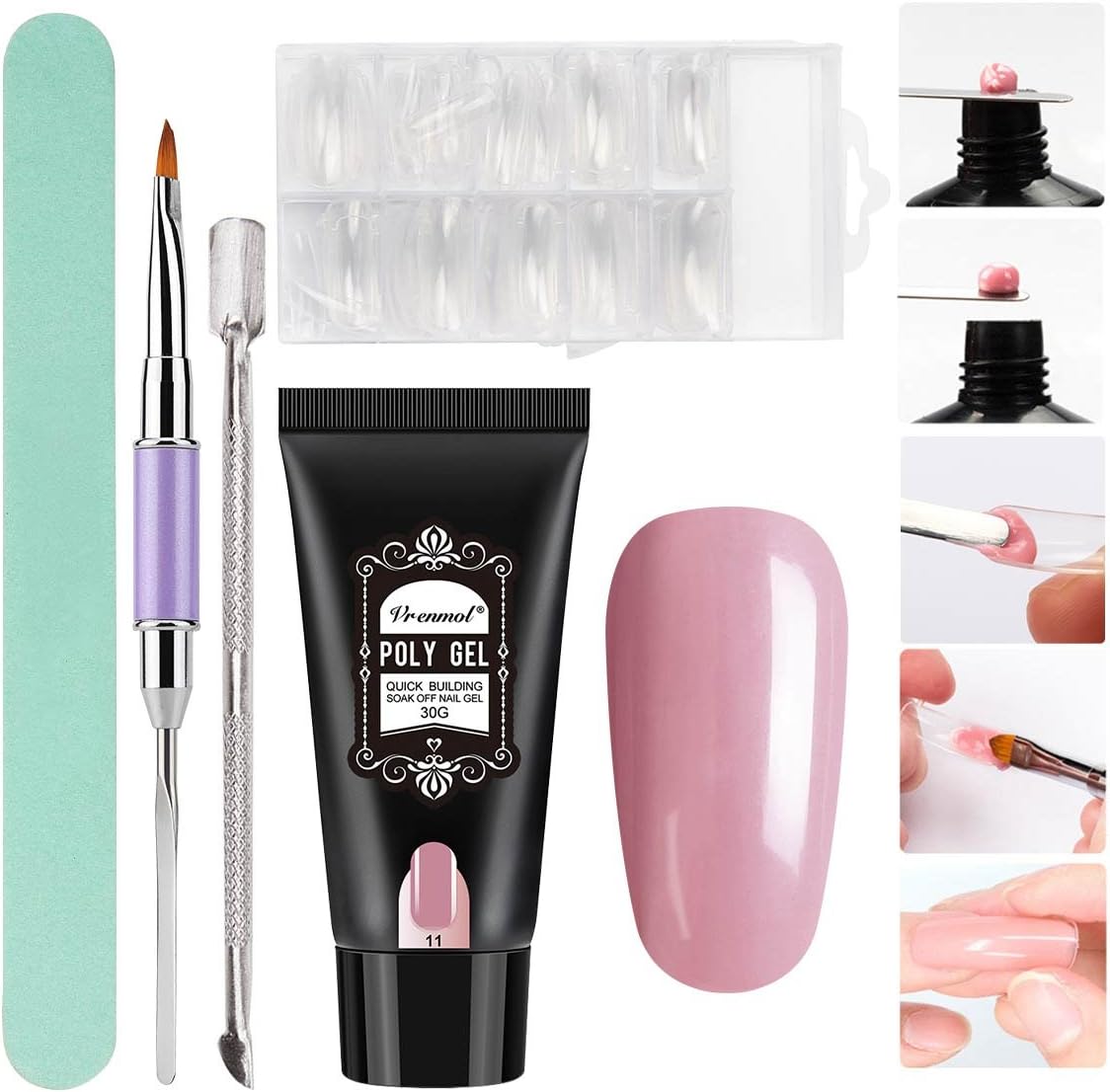 Vrenmol 30ml Clear Poly Gel UV Nail Enhancement Builder Finger Extension Gel with Nail Brush Nail Art Manicure Kit Cover Pink