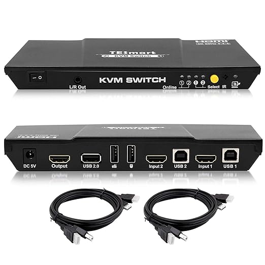 TESmart 2fach-HDMI-KVM-Switch – 4K-Ultra-HD mit 3840 x 2160 bei 60 Hz 4:4:4;2 Stck 5ft/1,5m KVM-Kabel unterstützt USB-2.0-Ger