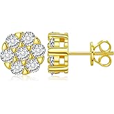 Moissanite Cluster Earrings for Men Women 1.4 Cttw 7 Stone Flower Cluster Earrings Screw Backs 18k Gold Plated S925 Sterling Silver Lab Created Moissanite Earrings Studs 9mm Big Stud for Sensitive Ear