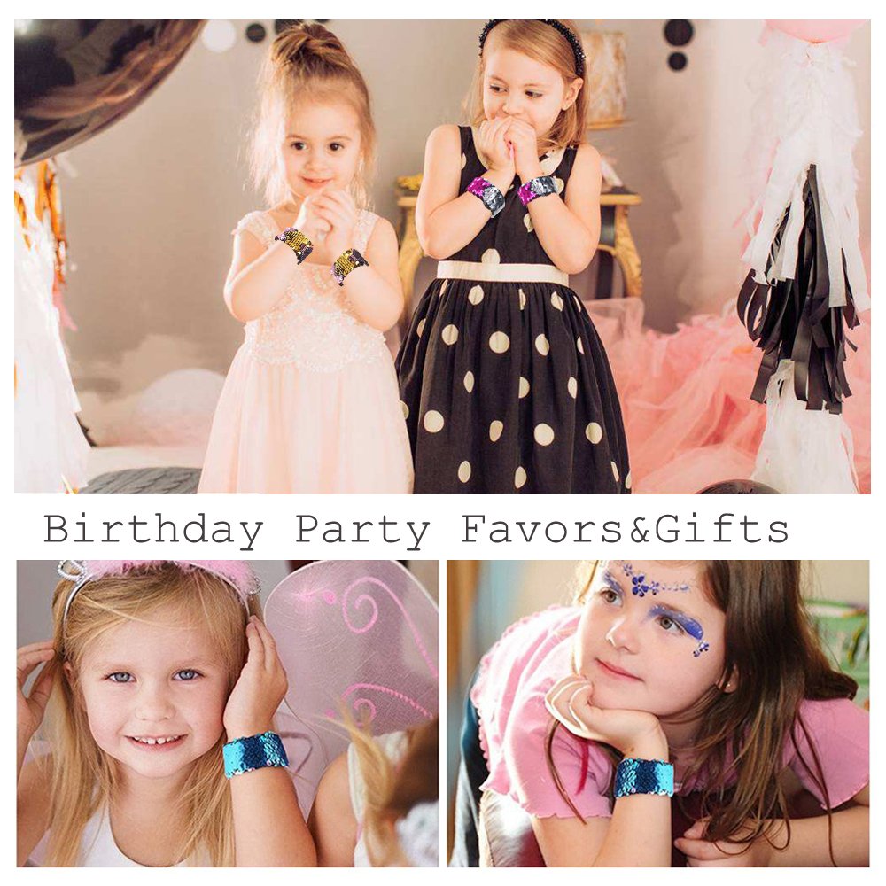 Magic Mermaid Slap Bracelet Two-color Reversible Shining Flip Sequins & Velvet Lining for Birthday Party Favors Christmas Gifts,Wristband Bracelet for Kids,Girls,Boys,Women (6 pack)