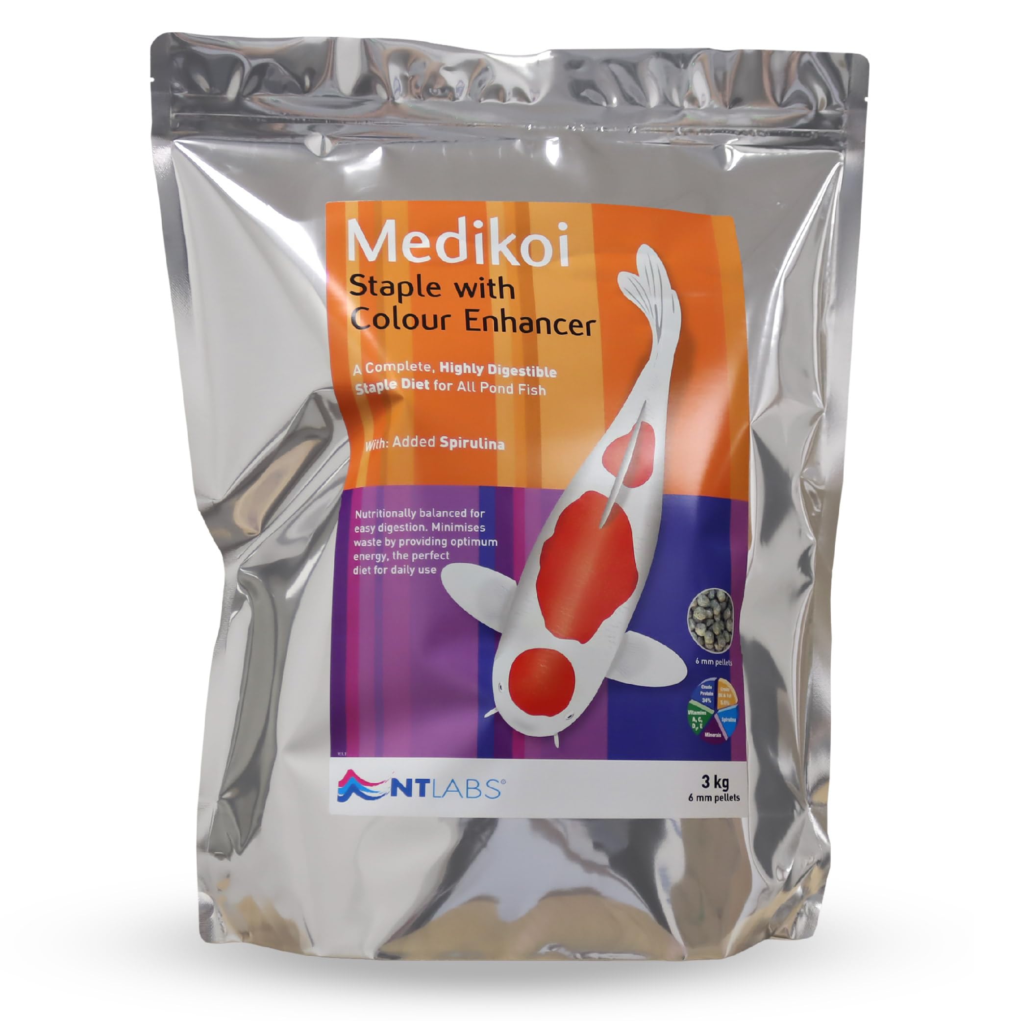 NT Labs Medikoi Staple with Colour Enhancer, Complete Feed For All Pond Fish, Ideal For Spring, Summer and Autumn Feeding, Enhances Colours of Pond Fish, Koi Fish Food (3kg)(6mm)