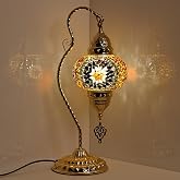 GOGERS Turkish Moroccan Table Lamp, Tiffany Style Swan Neck Night Light | Amber Glass, Gold Metal Base, E12 LED Bulb Included, Warm Ambient Vintage Decorative Accent Lamp for Living Room Bedroom