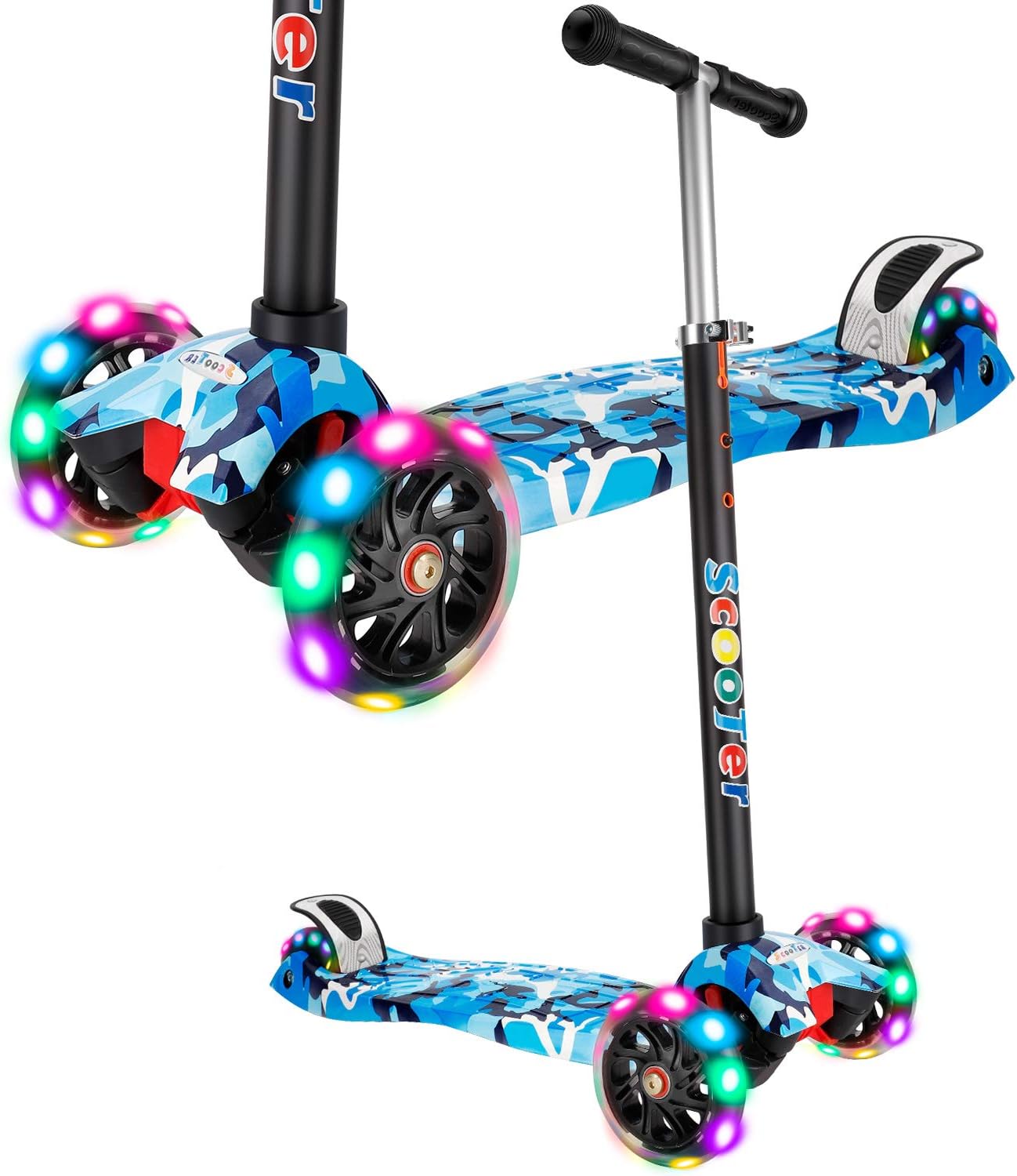 AMHoome Scooter for Kids, Height-Adjustable 3 Wheel Kick Scooter with LED Light Up Wheels, Gifts for Children Girls & Boys 3 to 12 Years Old, Support 100Lbs