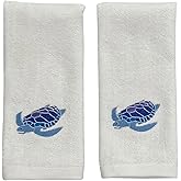 Serafina Home Sea Turtle Fingertip Towels Summer Soft Absorbent Bathroom Guest Decor : Aqua Blue Turquoise Royal Blue Embroidery Design, 2 Piece 12" x 18" Inches