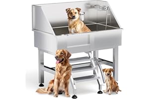 RDCMKL Dog Washing Station for Home, Professional 38" Stainless Steel Dog Bathing Station, Height Adjustable Dog Grooming Tub w/Stair, Storage Drawer, Upgrade Parts(Left Stair)