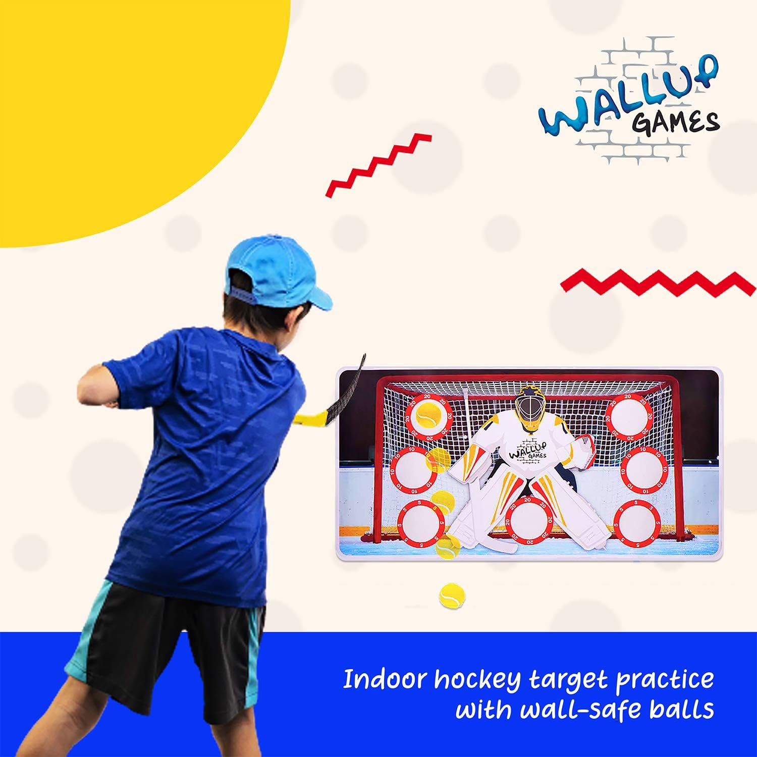 Wallup Games Hockey Game, Hockey Shooting Practice Target Game with Vinyl Wall Mat, Hockey Stick, 2 Indoor Hockey Balls: Toys & Games