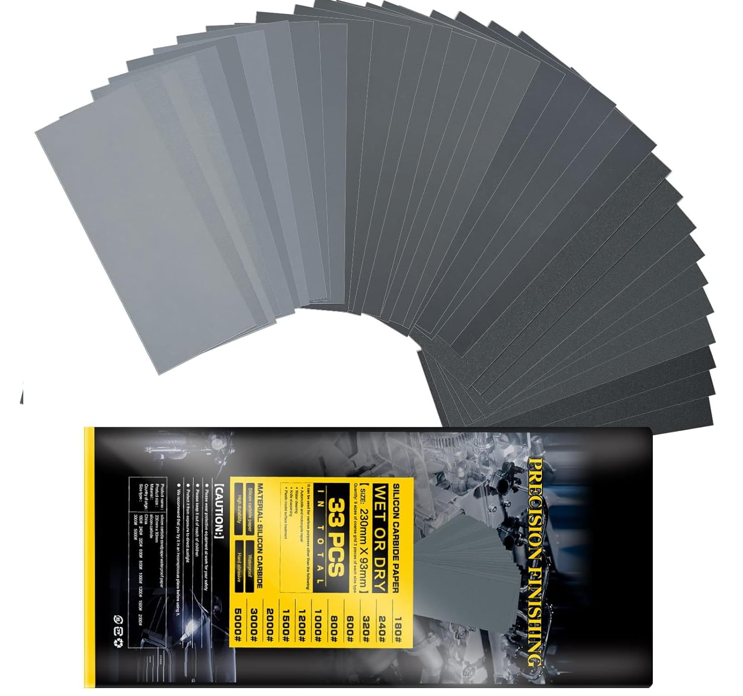 Noosverl 33 Pcs 11 Grade Abrasive sanding paper,wet and dry sandpaper 180 to 5000 Grit Fine Sand Paper，95mm*230mm Sandpaper for car bodywork Automotive Sanding Wood walls Furniture Finishing