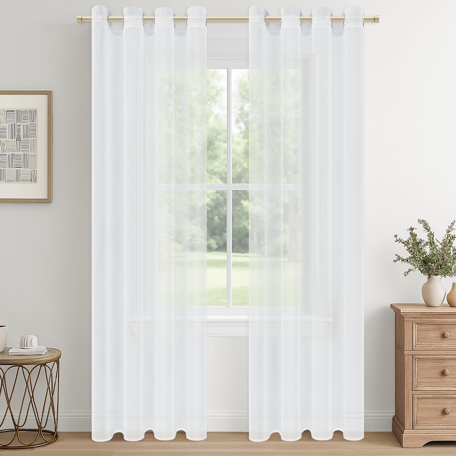CUTEWIND White Solid Voile Semi Sheer Curtains Translucent Eyelet Panels for Living Room/Balcony/Sliding Door/Bedroom/Solarium/Patio Door Privacy Protection Elegant Drapes,Sets of 2(White,55" Wx84 L)