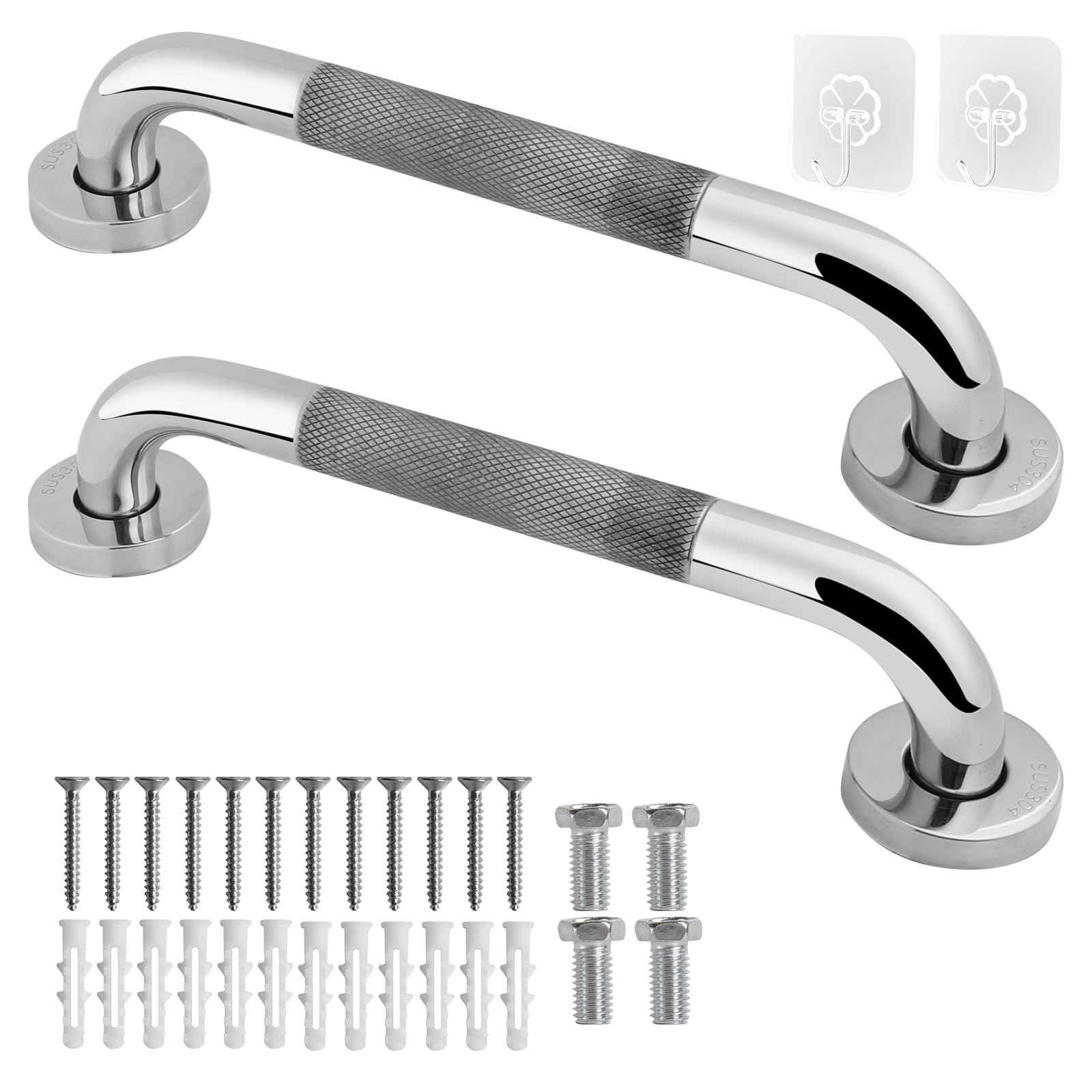 15.7 inch Shower Grab Rail, Happybase 2 Pack 40cm Stainless Steel Bathroom Grab Bar, Shower Handle, Bath Handle Elderly for Bathtub,Toilet,Kitchen,Stairway Handrail,Come with Mounted Screws and Hooks