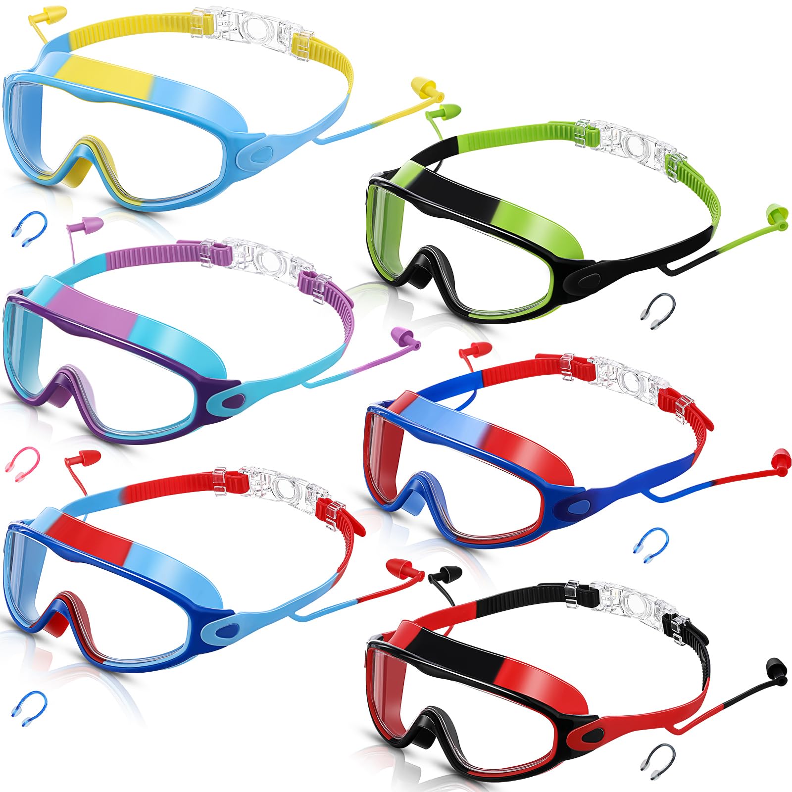 Photo 1 of Kanayu 6 Pieces Kids Swimming Goggles Pool Goggles Anti Fog Wide View No Leaking with Wear Earplugs Nose Clip for Kids 6-13 (Multicolor)
