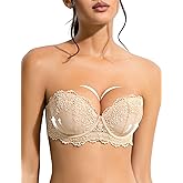 YBCG Strapless Bra Push Up with Clear Straps Lace Padded Add 2 Cups Convertible Mutiway Balconette Underwire for Women