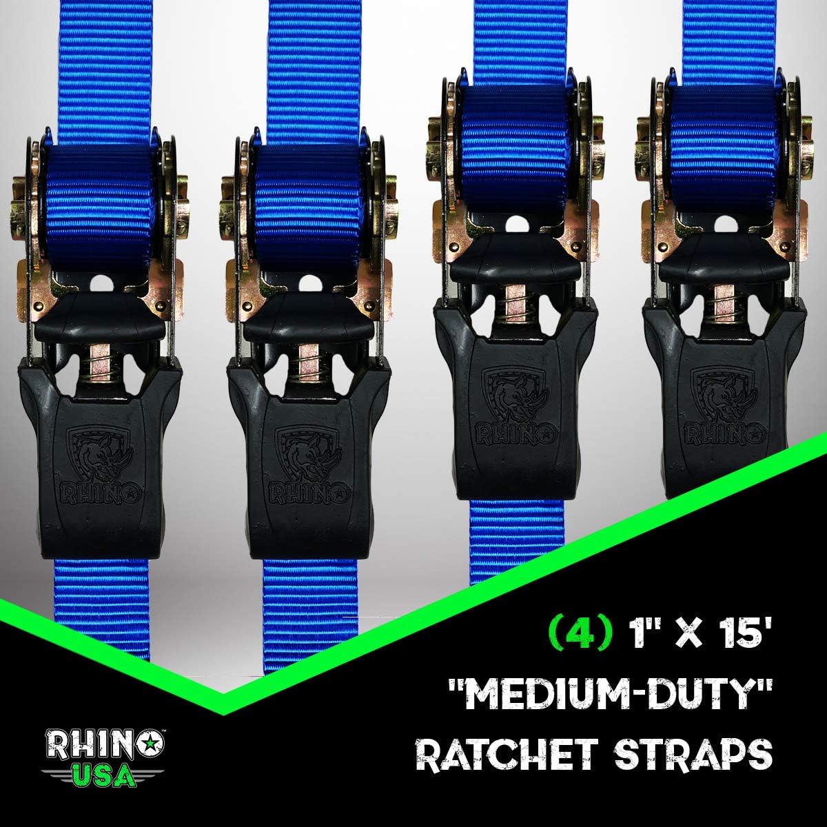RHINO USA Ratchet Tie Down Straps (4PK) - 1,823lb Guaranteed Max Break Strength, Includes (4) Premium 1" x 15' Rachet Tie Downs with Padded Handles. Best for Moving, Securing Cargo (BLUE): Automotive