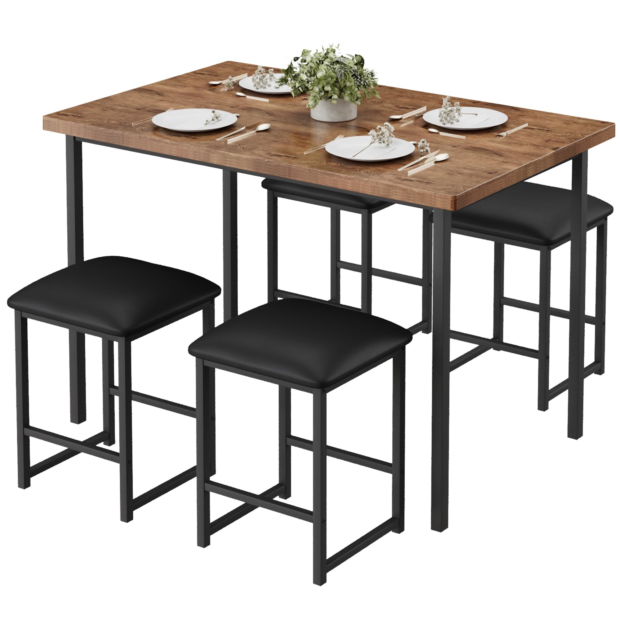 Photo 1 of VECELO Kitchen Table and Chairs for 4, Dining Room Set with PU Chairs/Stools, Heavy-Duty Metal Frame, Wooden Tabletop, Space-Saving Design for Small Spaces, Easy Assembly, Classic Brown