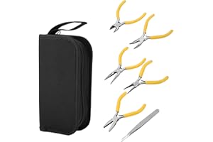 5 Pcs Jewelry Pliers Set, Bent Round Flat Needle Nose Pliers and Tweezers with Soft Grip Handles, for Wire Work Beading Jewel
