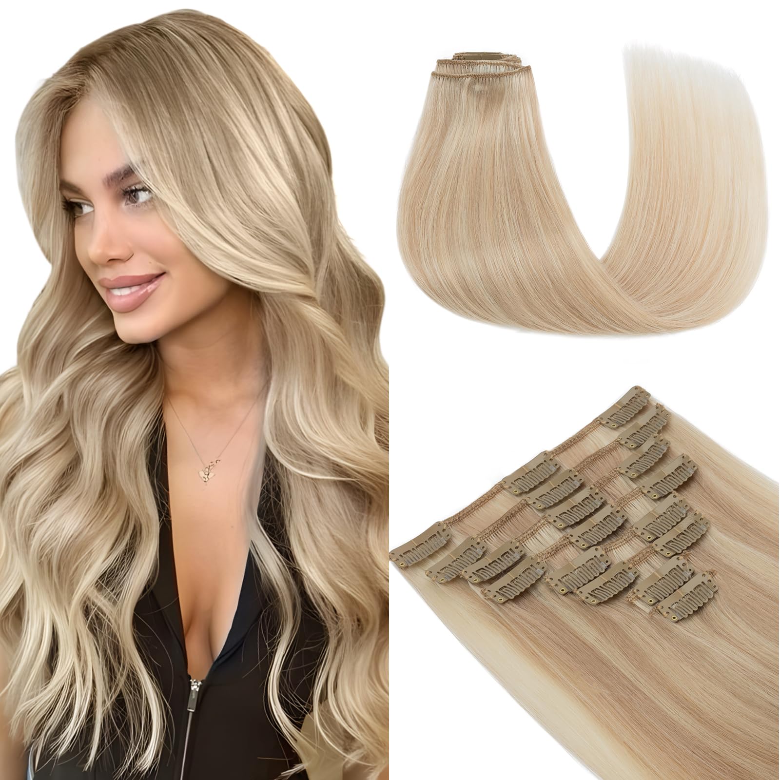 Elailite Clip in Hair Extensions Real Human Hair Remy Hair Full Head - 8 Pcs Invisible Thin Weft - Mix #16/22 Pale Brown & Champagne - 18 Inch (70 g) — image 1