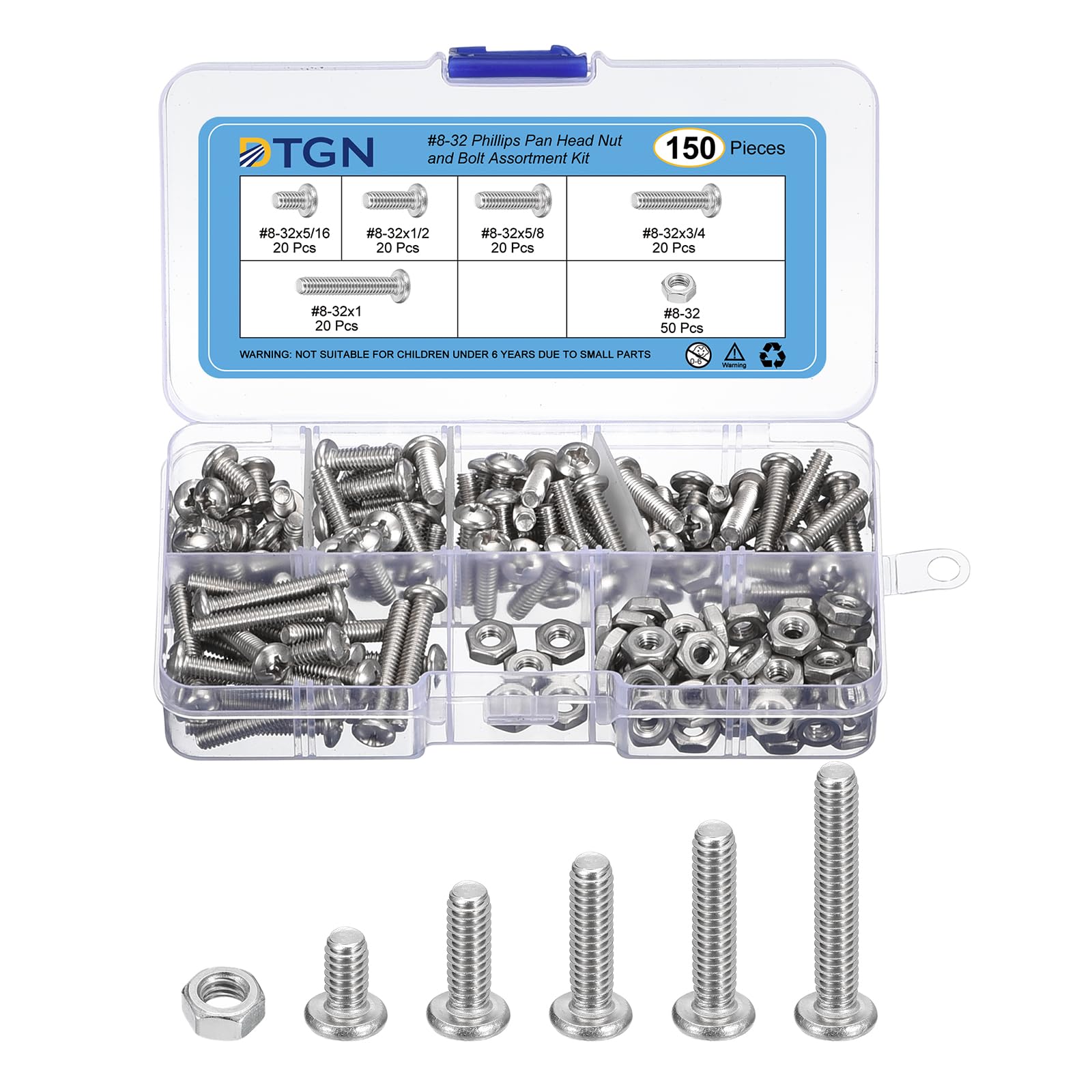 DTGN 150Pcs Machine Screws Assortment Kit, #8-32 Phillips Pan Head Nut and Bolt Assortment Kit, 304 Stainless Steel, Phillips Drive Pan Head Bolt Assortment