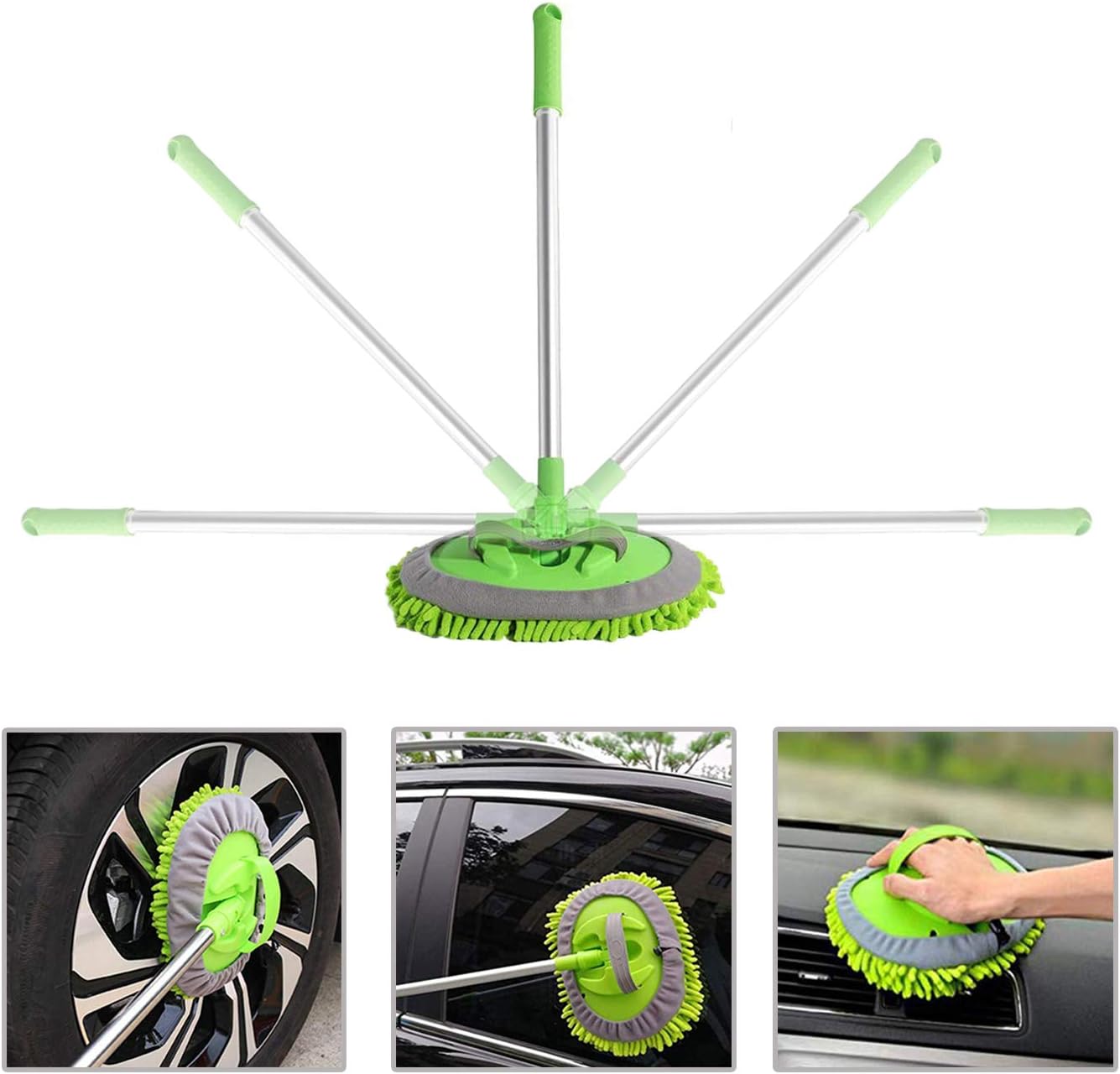 SUNPLAY 2 in 1 Car Wash Mop Mitt with Long Handle,Microfiber Car Wash Dust Brush Extension Pole 180 Degree,Scratch Cleaning Tool for Car,Truck,RV,3 Pcs Mop Heads (Green): Automotive