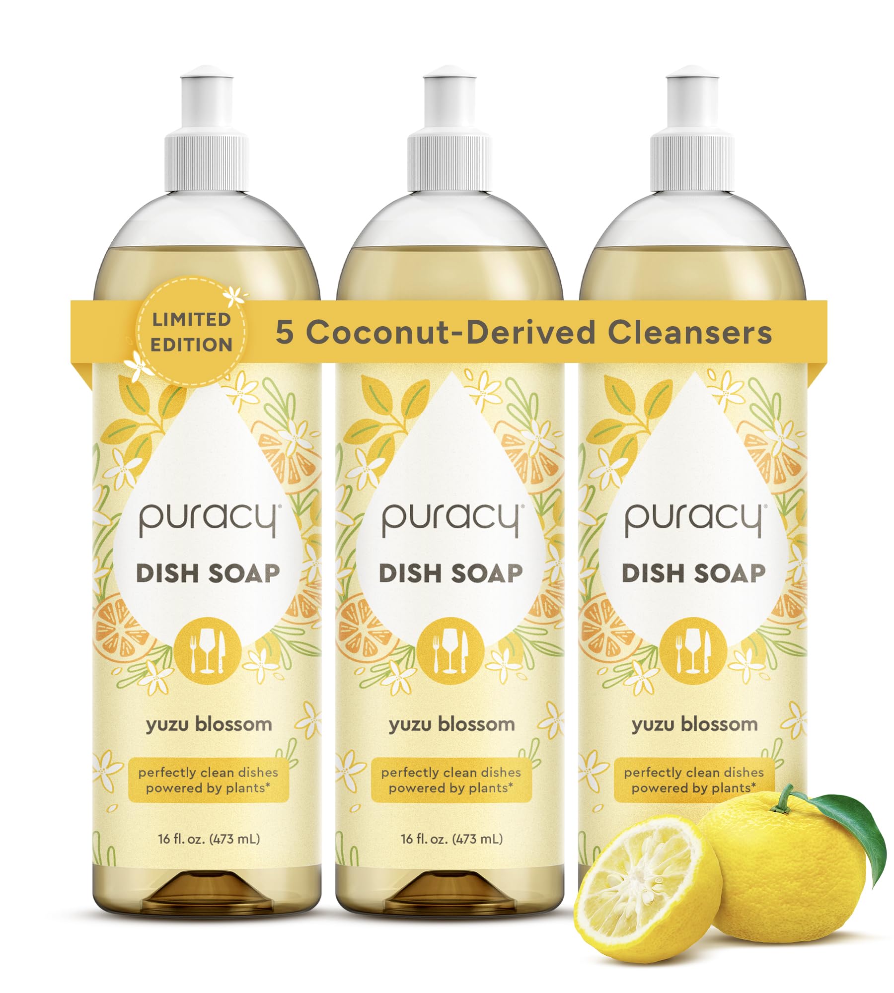 Puracy Natural Dish Soap - Skin-Softening Dishwashing Soap, Non-Toxic Dish Soap, Organic Liquid Dishwashing Detergent Soap, Coconut-Derived Cleanser (Yuzu Blossom, 16 fl oz, 3 Pack) Image