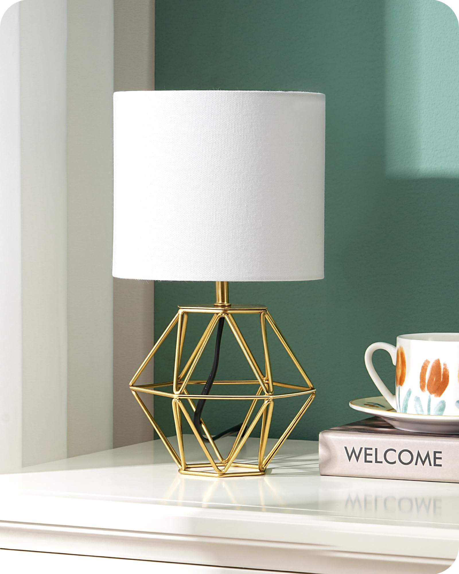 EDISHINE Bedside Lamp, Table Lamp with Metal Cage Base & Linen Lampshade, Modern Lamps for Living Room Bedroom, E14 Socket (Bulb Included), Diamond Cage, Gold