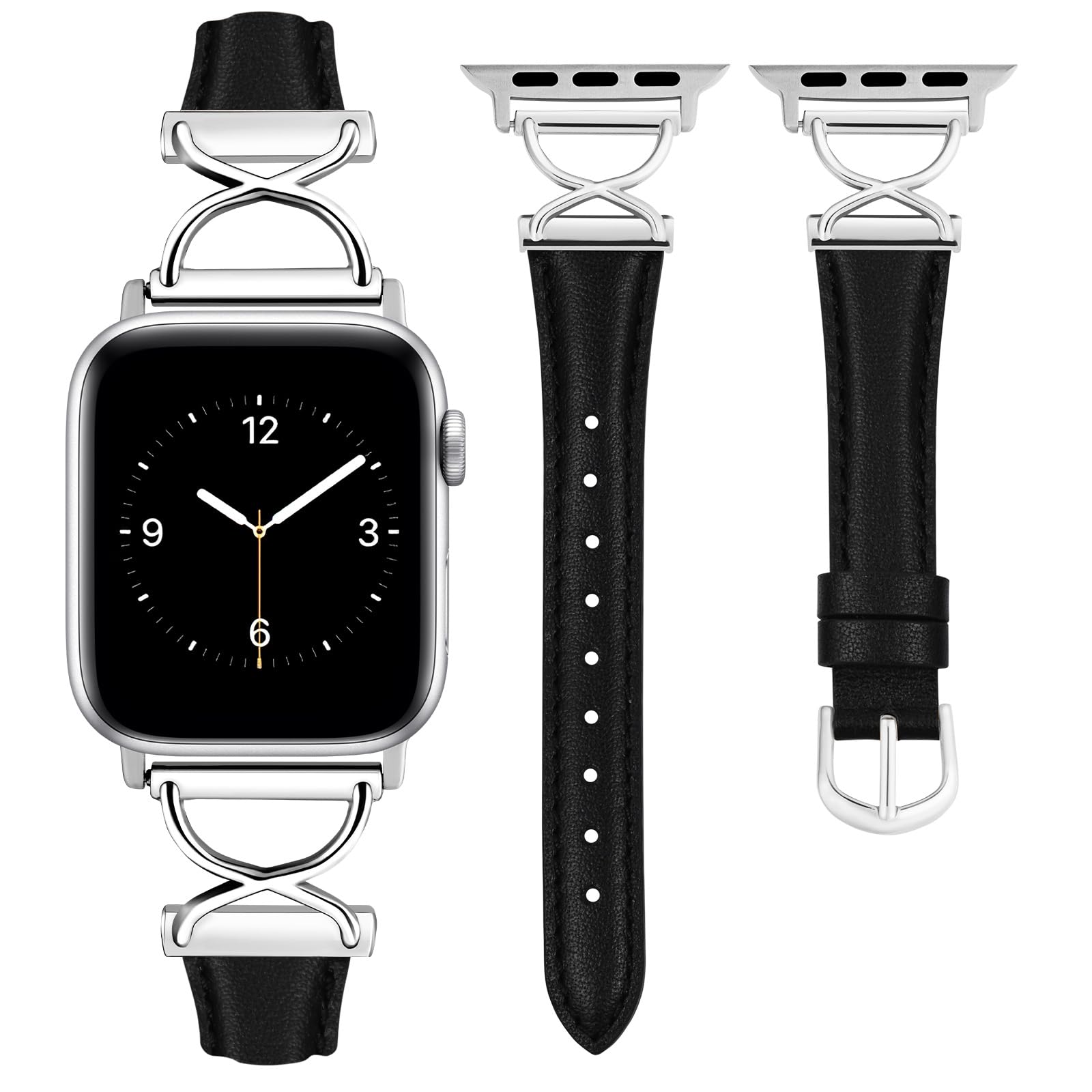 Wearlizer Leather Strap Compatible with Apple Watch Straps 41/40/ 38/49/46/45/44/42mm Women, Slim Thin Dressy Leather Strap for iWatch Ultra SE Series 11 10 9 8 7 6 5 4 3 2 1 Black/Silver Buckle
