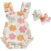 Covvoliy ​Infant Baby Girl Summer Clothes Outfits Cute Print Fly Sleeve Romper Jumpsuit Bodysuit with Headband