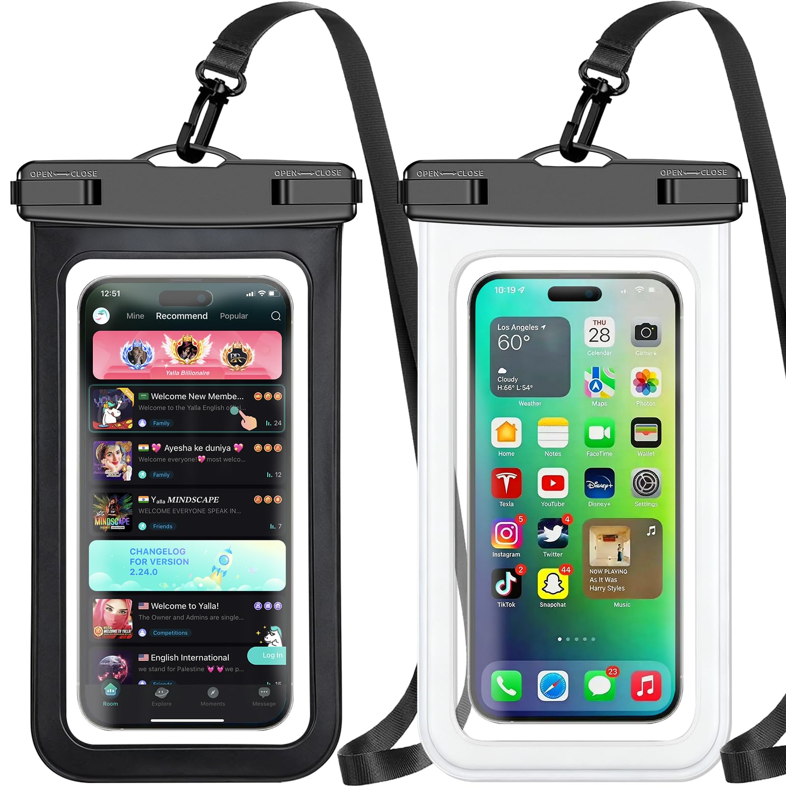 Waterproof Phone Pouch,2 Pack Black White Phone Waterproof Case,Cell Phone Dry Bag,Protection Level: IP68,Beach Cruise for Apple iPhone,Samsung,and More,Lanyard Included,(Fits Up to 8.3”),Black,White