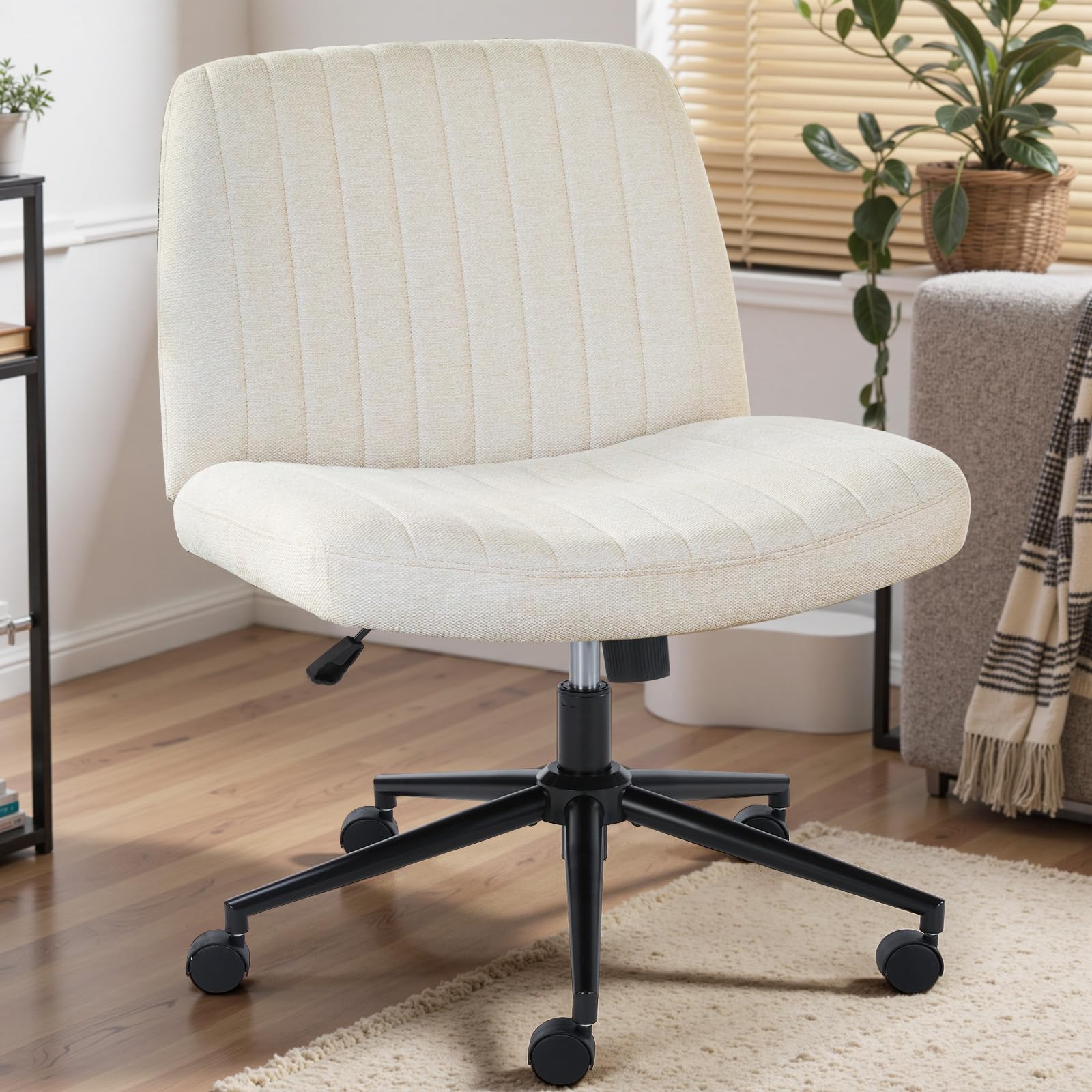 Photo 1 of *********************MISSING THE WHEELS********************
DUMOS Criss Cross Chair with Wheels, Wide Cross Legged Office Desk Vanity Chairs, Fabric Armless Adjustable Swivel Chairs for Home Computer Task, Beige