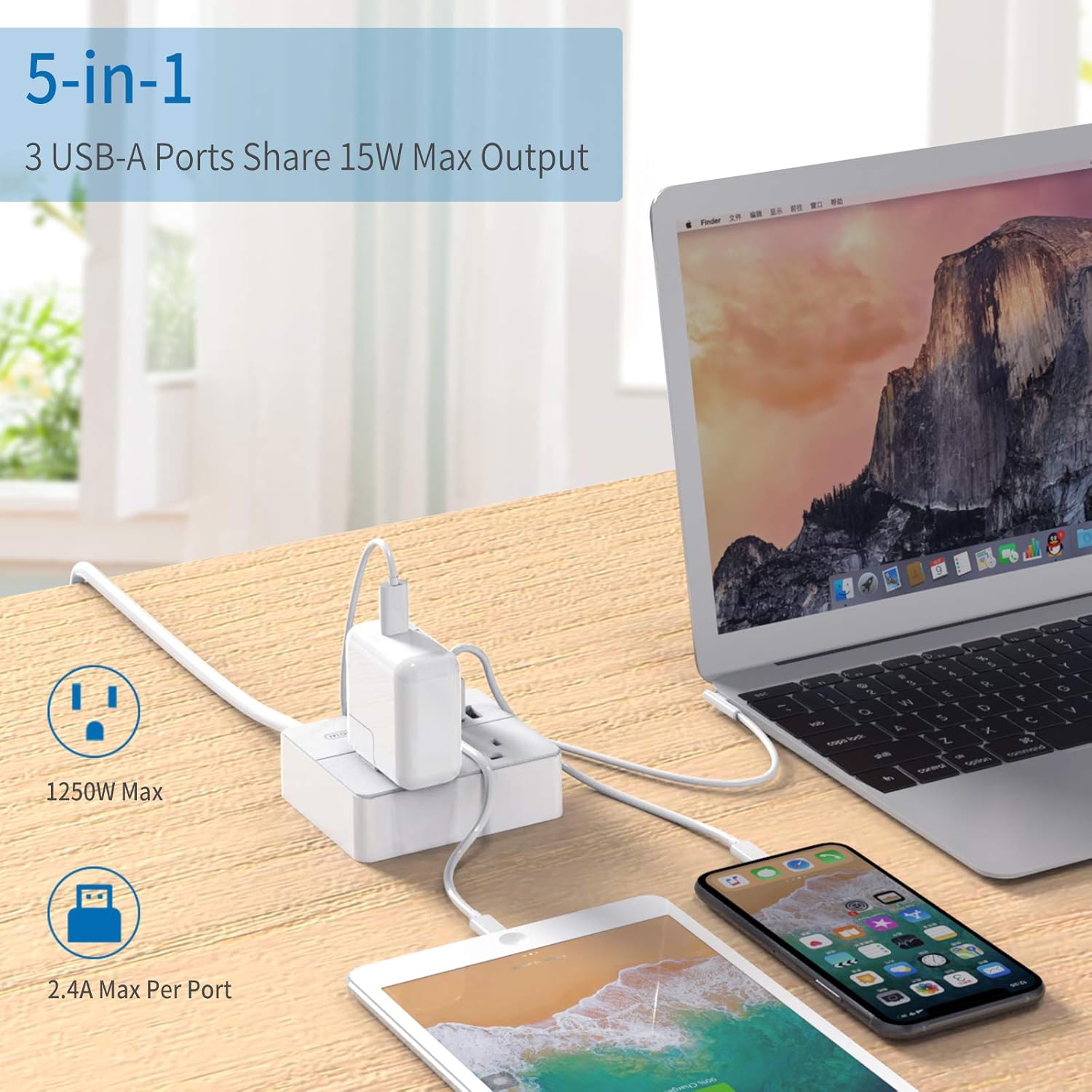 Flat Plug USB Power Strip with 15 ft Extension Cord, NTONPOWER 2 Outlet 3 USB Nightstand Desktop Charging Station, 1250W/10A, Compact for Home Office Bedside Dorm Essentials, White: Electronics