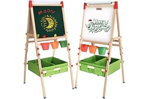 AOMOLA Kids Art Easel with Paper Roll, Double-Sided Magnetic Board, Height Adjustable with Value Accessory Kit, Standing Art Easel for Kids
