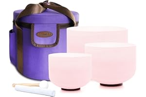 Siceeoly Set of 3 Pink Color Singing Bowls 8"G 10"E 12"C Frosted Chakra Quartz White Crystal Sound Healing Crystal with Trave