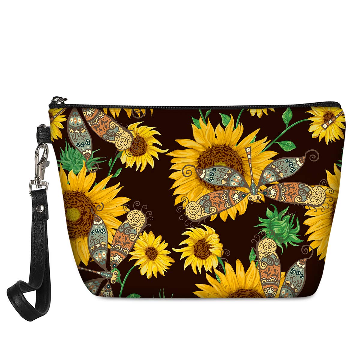 Renewold Retro Sunflower with Dragonfly Print Makeup Bag PU Leather Zipper Closer Brush Pouch Vintage Style Small Clutch with Handle Multifunction Case