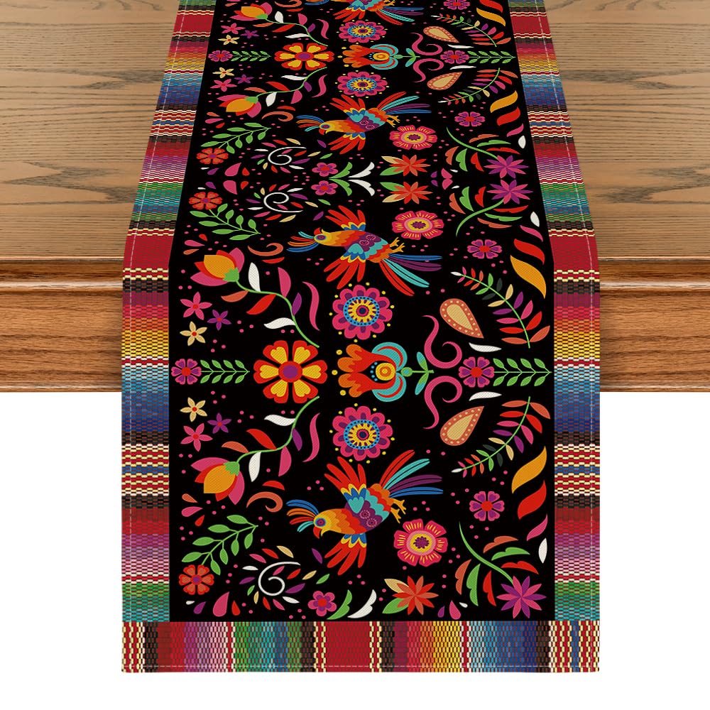 Photo 1 of Artoid Mode Bird Dia De Los Muertos Serape Mexican Fiesta Table Runner, Cinco De Mayo Day of The Dead Kitchen Dining Table Decoration for Home Party Decor 13x72 Inch