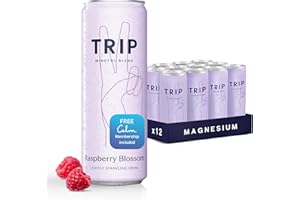 Trip Mindful Blend, Lightly Sparkling Adaptogen Seltzer, Mocktail w/ 120mg Magnesium Citrate with Ashwagandha, Lions Mane & L Theanine, No Added Sugar, Vegan, Raspberry Blossom, 12 Oz, 12Pk